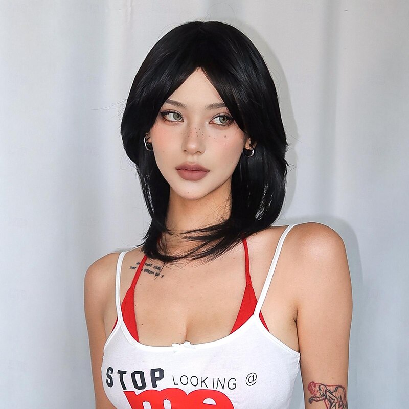 Synthetic Wig Uniforms Career Costumes Princess Straight kinky Straight Middle Part Layered Haircut Machine Made Wig 18 inch Black Synthetic Hair Women's Cosplay Party Fashion Natural Black2