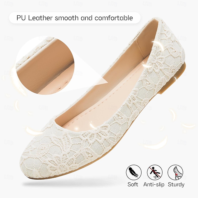 Women's Elegant Lace PU Leather Ballet Flats - Comfortable White Dress Shoes with Soft Anti-Slip Sole, Perfect for Weddings, Parties, and Everyday Wear4