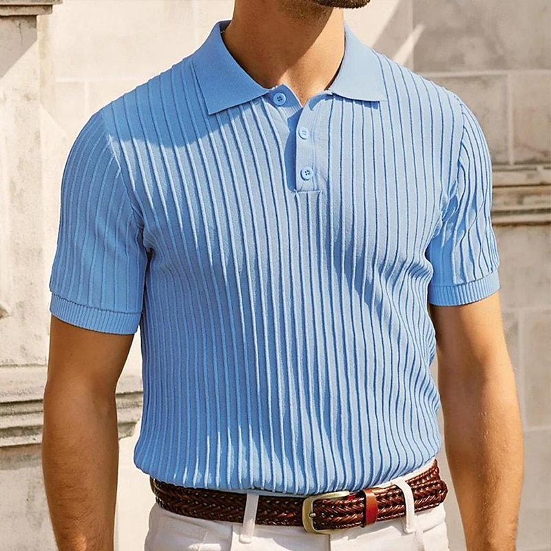 Men's Polo Golf Shirt Business Casual Ribbed Polo Collar Classic Short Sleeve Basic Modern Solid Color Knitted Ribbed Spring & Summer Regular Fit Light Blue Pink Green Polo4