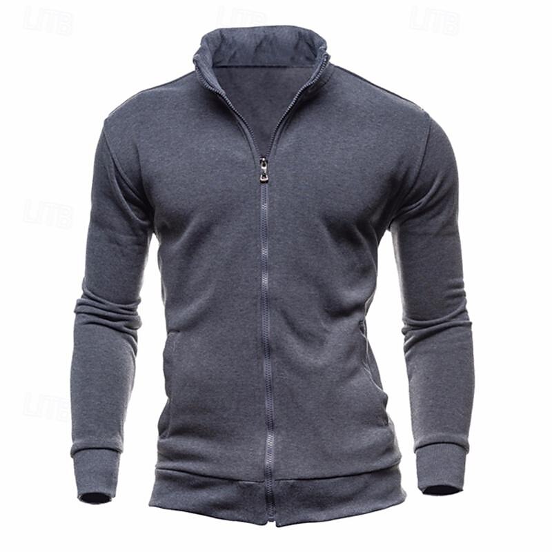 Men's Sweatshirt Zip Up Hoodie Full Zip Sweatshirt Black Wine Army Green Navy Blue Light Grey Standing Collar Plain Zip Up Sports & Outdoor Daily Holiday Polyester Streetwear Basic Casual Spring3