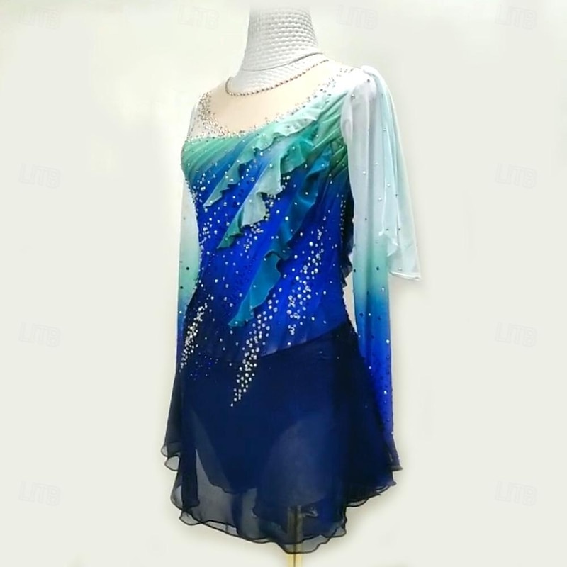 Figure Skating Dress Women's Girls' Ice Skating Dress Black Blue Patchwork Thumbhole Mesh High Elasticity Training Competition Skating Wear Classic Long Sleeve Ice Skating Figure Skating3