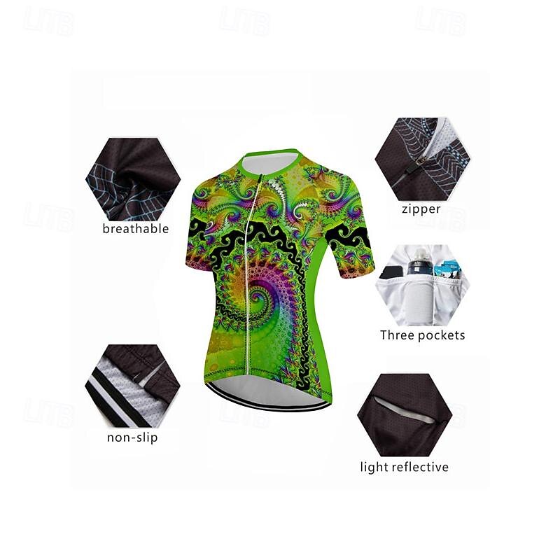Women's Cycling Jersey Paisley Short Sleeve Bike Tee Tshirt Top with 3 Rear Pockets Mountain Bike MTB Road Bike Cycling Quick Dry Front Zipper Wicking Sports Green Clothing Apparel3