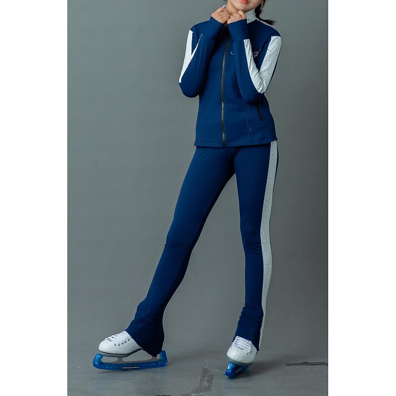 Figure Skating Fleece Jacket Figure Skating Pants Figure Skating Jacket with Pants Women's Girls' Ice Skating Jacket Tights Outfits Blue White Patchwork Thumbhole Spandex Lace Stretchy Training2