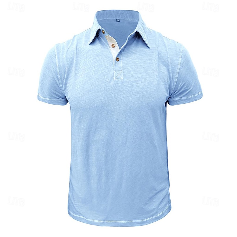 Men's Polo Shirt Golf Shirt Work Casual Lapel Ribbed Polo Collar Short Sleeve Basic Modern Solid Color Patchwork Button Spring & Summer Regular Fit Light Pink Light Blue Black Navy Blue Blue Light2