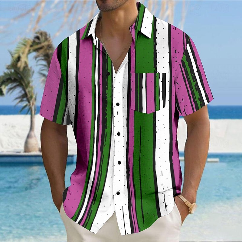 Men's Striped Geometric Pattern Button Up Shirt Printed Shirts Short Sleeve Hawaiian Resort Outdoor Business / Ceremony / Wedding Summer Turndown Print Button-Down Yellow Pink Blue Gray3