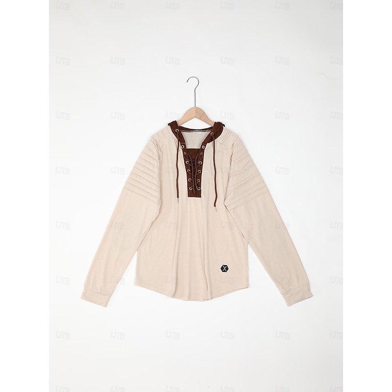 Men's T Shirt Tee Top Long Sleeve Shirt Long Sleeve Hooded Spring &  Fall Color Block Slim Pleated Fashion Designer Basic Lace up Patchwork Vacation Street Going out Black Green Khaki Top Tee for Men2