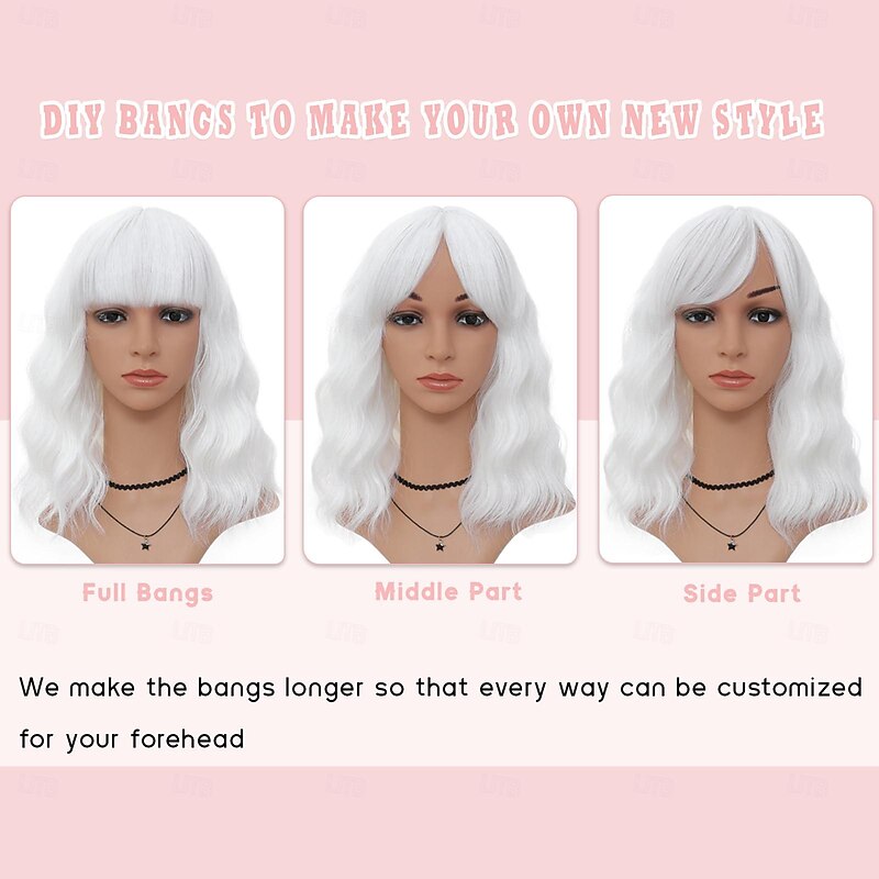 Wig with Bangs for Women, Short Wavy Curly Wigs 14 Inch Shoulder Length Wig Party Cosplay Halloween Wigs4