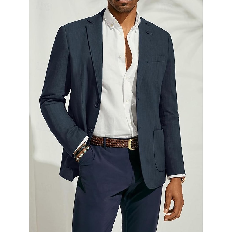 Men's Blazer Jacket Sport Coat Notch Collar Fashion Casual Solid Colored Linen Blazer Dark Blue Beige Light Blue Tailored Fit Single Breasted Two-buttons4