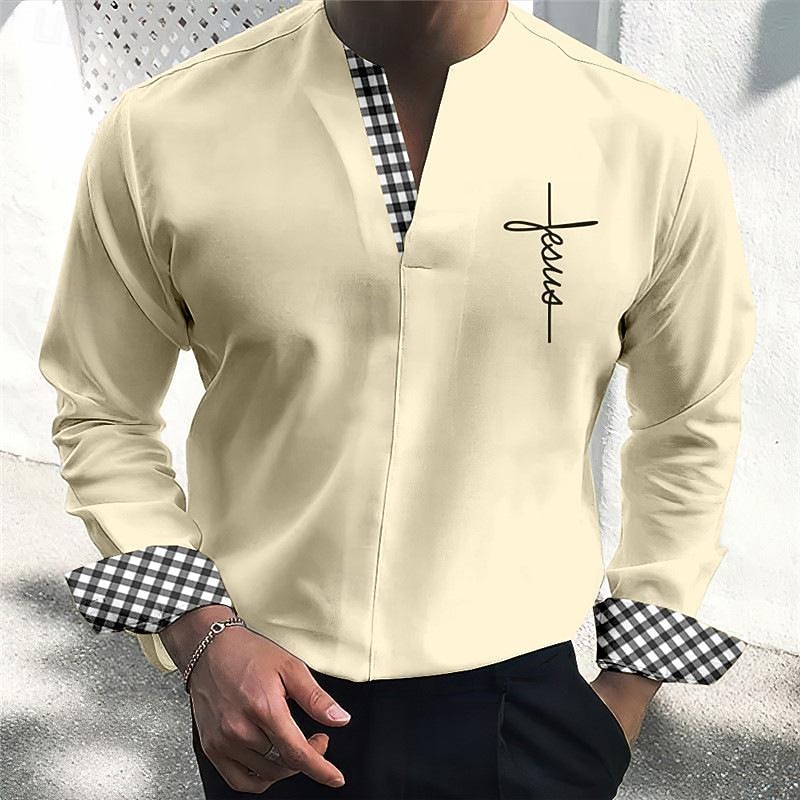 Men's Shirt Summer Shirt Casual Shirt Sky Blue khaki Gray Light Blue Long Sleeve Plaid Color Block Faith V Neck Holiday Vacation Patchwork Clothing Apparel Fashion Chinese Style Casual Comfortable2