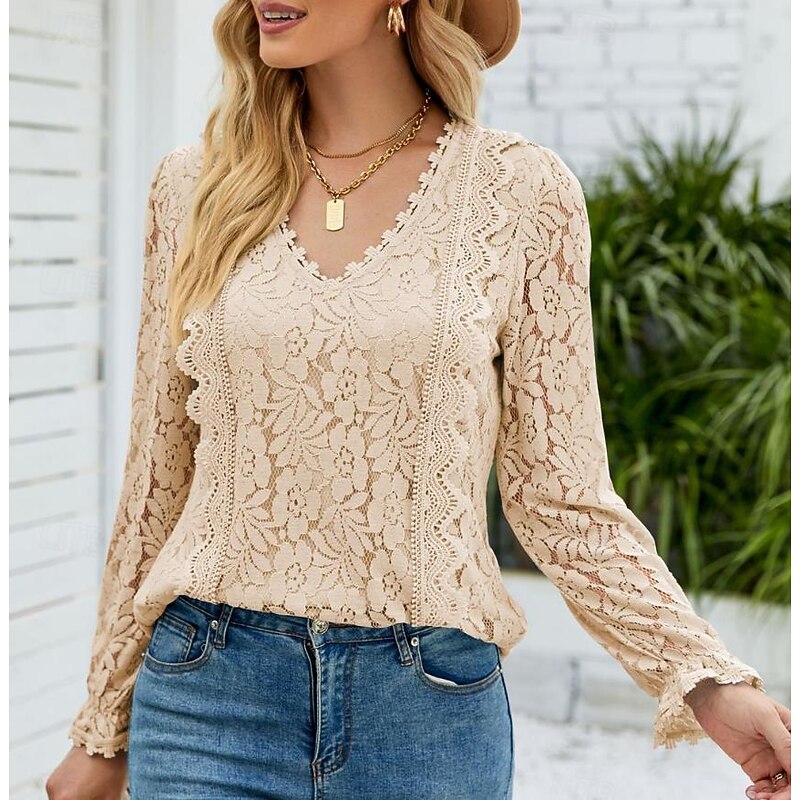 Women's Elegant Lace Tops Eyelet Blouse Elegant Solid Color Lace Eyelet Lantern Sleeve Long Sleeve V Neck Daily Romantic Petite Tops Summer Holiday Wear Pink Sky Blue Green Beige Summer 10