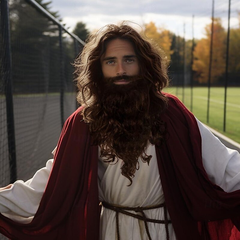 Brown Jesus Wizard Curly Wig And Beard Halloween Funny Cosplay Costume Accessory for Adults4