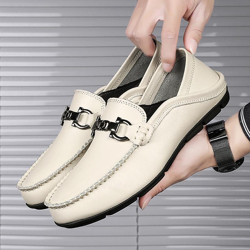 Men's White Leather Loafers - Slip-On Dress Shoes with Metal Buckle for Formal and Casual Wear4