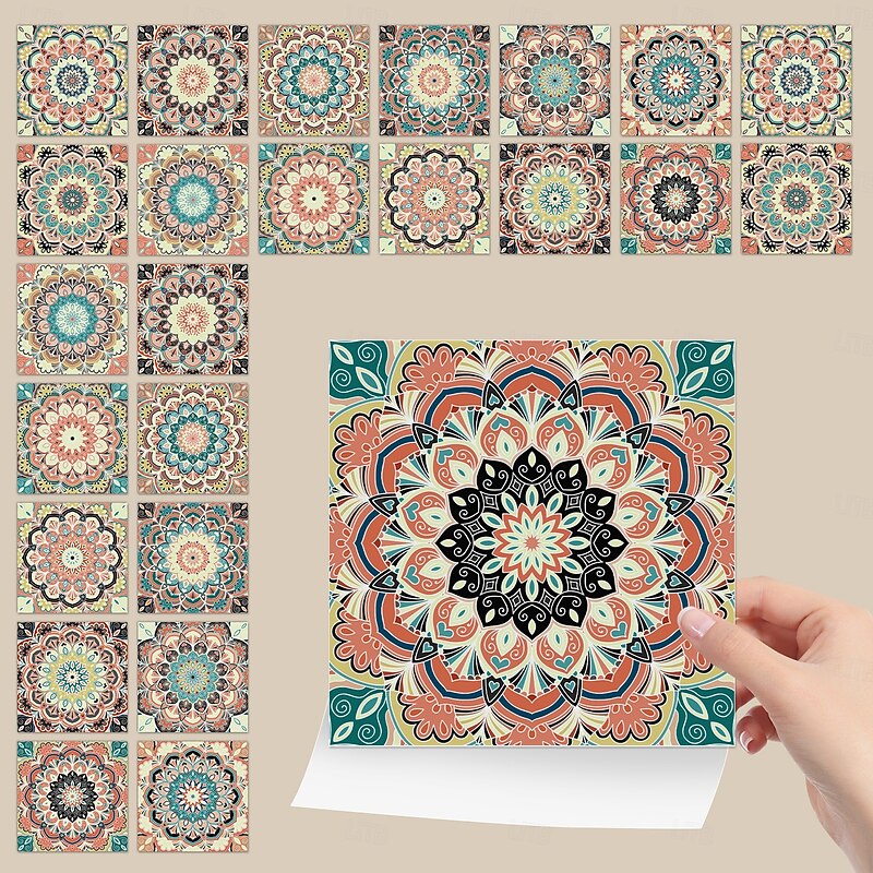 24/48pcs Thickened crystal filmMoroccan Style TileStickers Retro PVC Wall DecorWaterproof & Oil-proof RemovableFor Bathroom Kitchen DecorVintage Home Decor3
