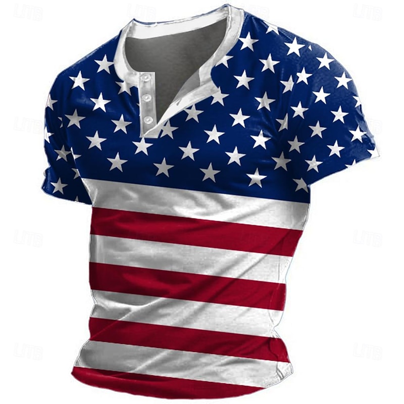 Men's American US Flag T shirt Henley Shirt Short Sleeve 3D Print Designer Retro Vintage Street Casual Daily Summer Spring White Henley Henley T-Shirt