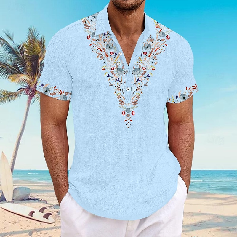 Men's Floral Button Up Shirt Henley Shirt Short Sleeve Hawaiian Resort Outdoor Business / Ceremony / Wedding Casual Summer Spring Fall Turndown White Blue Khaki3