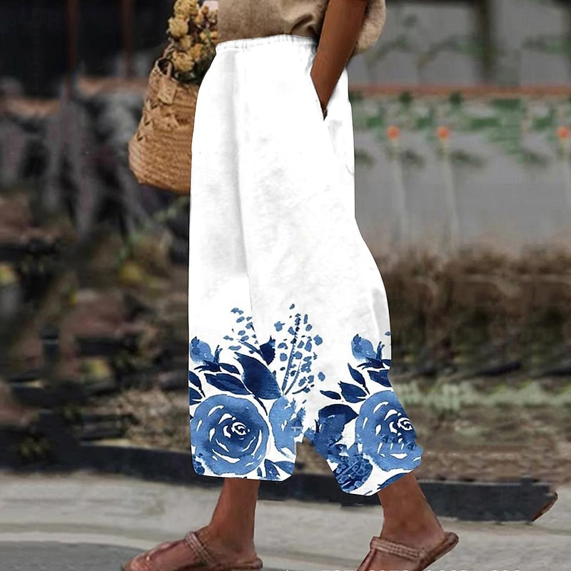 Women's Pants Trousers Fashion Long Floral Side Pockets Print Breathability Comfortable Inelastic Casual Daily White Pink Blue Dark Blue Spring & Summer Regular Fit