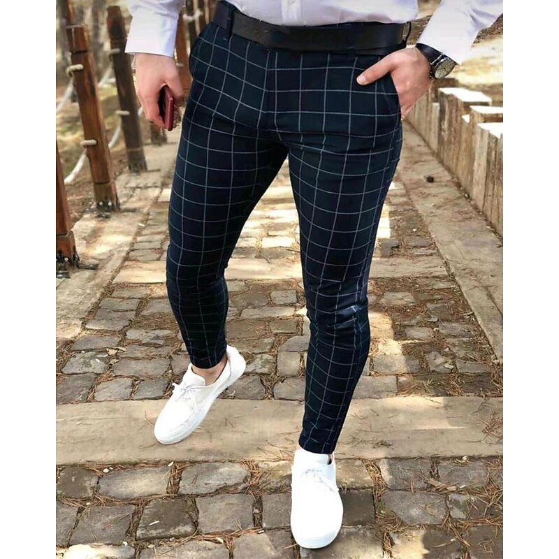 Men's Dress Pants Trousers Chinos Buttons Pocket Plaid Comfort Formal Party Work Fashion Classic Style Black Navy Blue Micro-elastic3