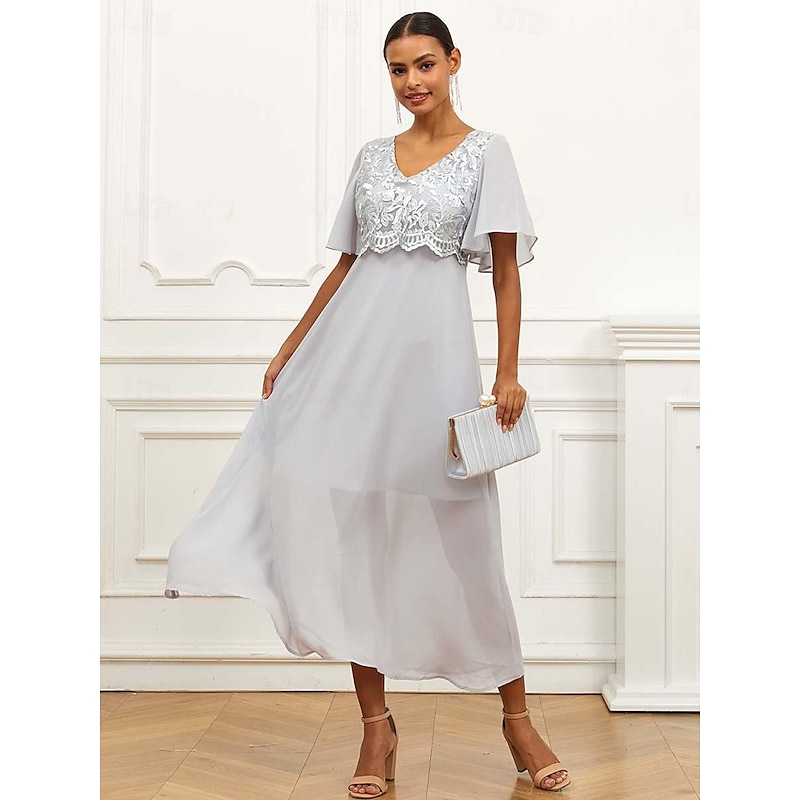 Women's Wedding Guest Cocktail Dress Lace Ruffle V Neck Flounce Sleeve Short Sleeve Maxi Dress Party Elegant Formal Gray Summer