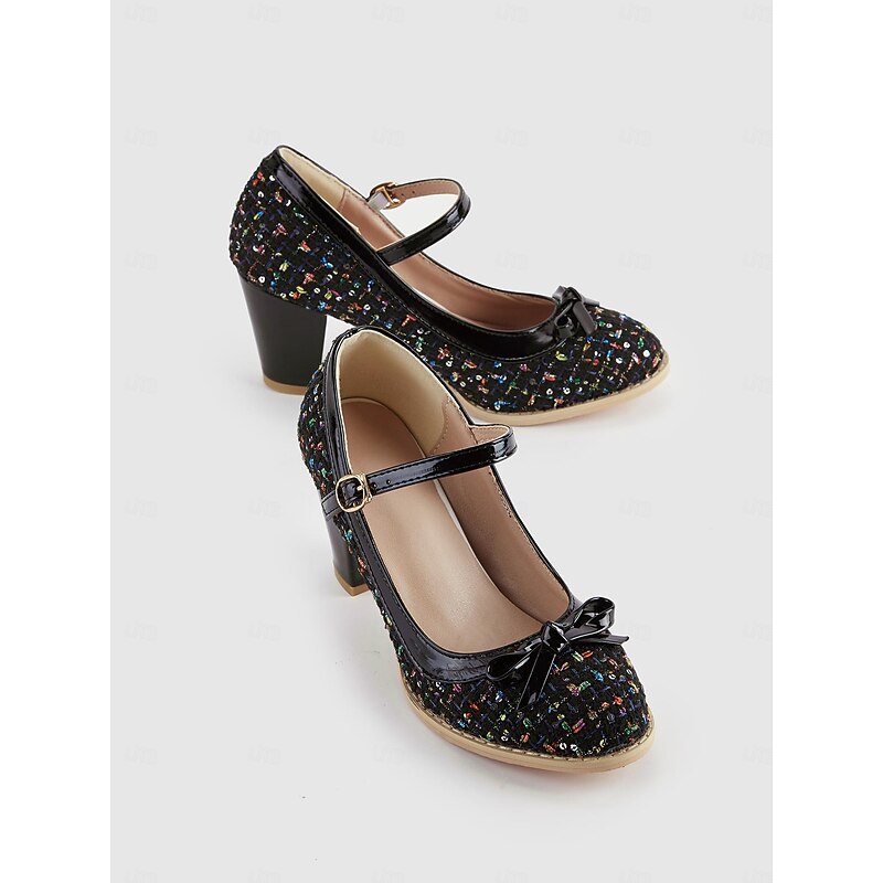 Women's Black Tweed Mary Jane Pumps with Bow - Chunky Heel Shoes for Office and Party Wear4