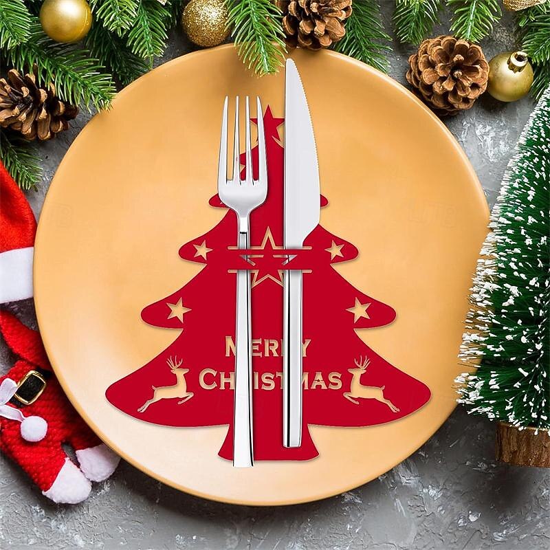 12pcs Christmas Knife Fork Holder Felt Xmas Tree Star Shape Pocket Cutlery Bag New Year Party Dinner Table Decoration Organizer