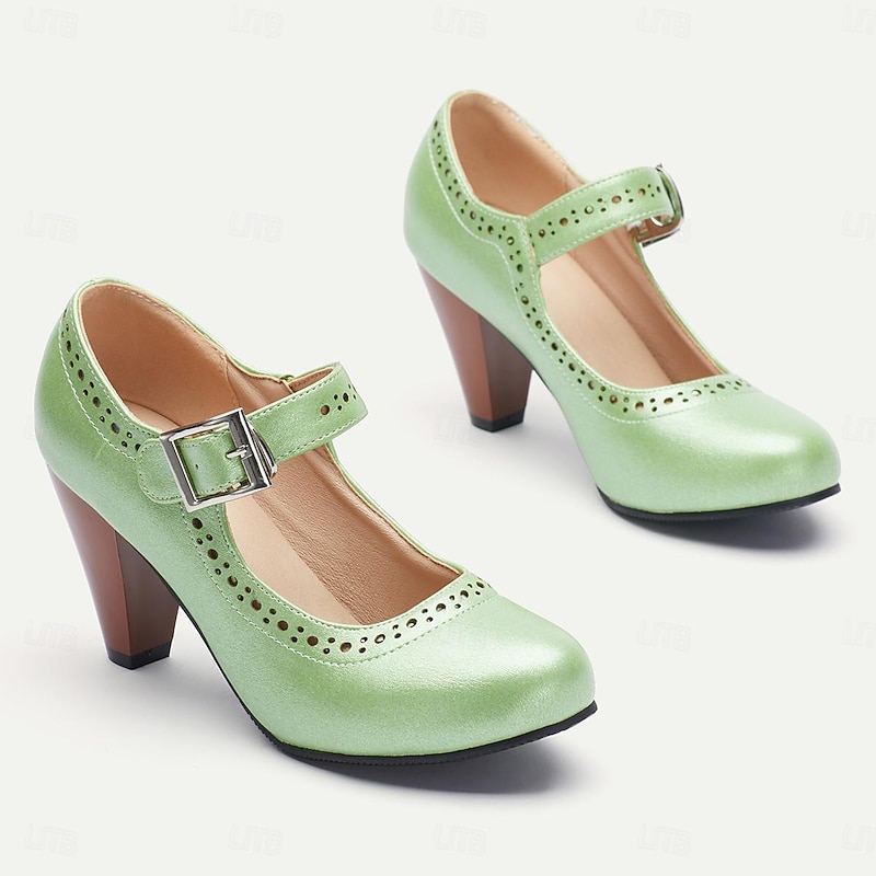 Women's Mint Green Mary Jane Heels with Buckle Strap and Perforated Design for Parties and Casual Wear2
