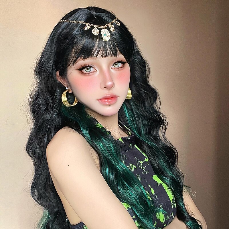 Synthetic Wig Uniforms Career Costumes Princess Curly Wavy Middle Part Layered Haircut Machine Made Wig 28 inch Black / Green Synthetic Hair Women's Cosplay Party Fashion Black2
