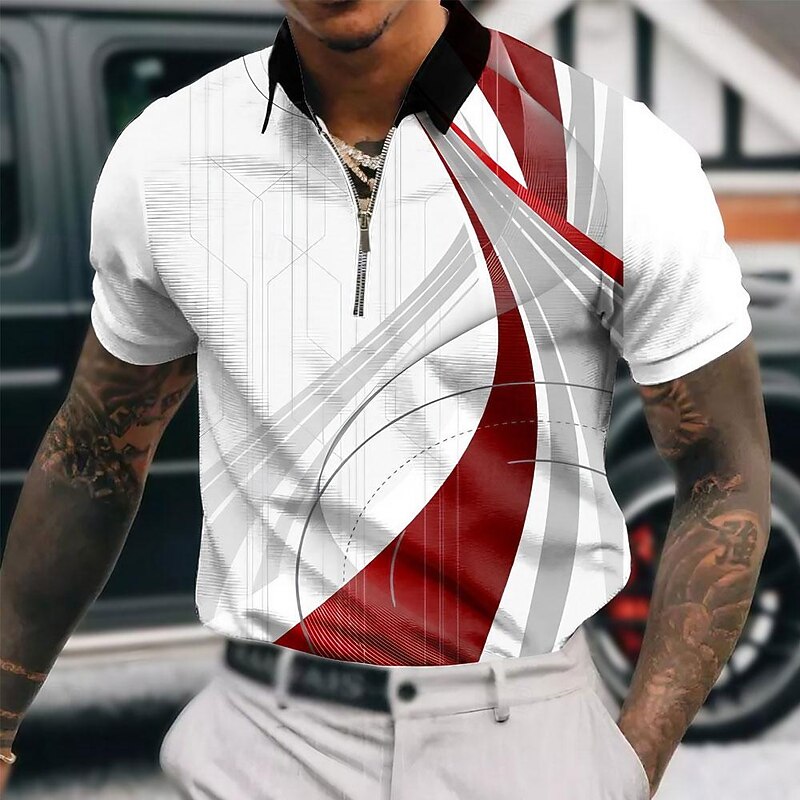 Men's Geometric Zip Polo Shirts Golf Shirt Short Sleeve Polo Shirts Collared Shirts Business Casual Vacation Wear Formal Wear Festival Wear 3D Print Quarter Zip Polo Yellow Pink Red