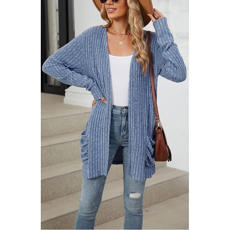 Women's Cardigan Elegant Casual Solid Color Ribbed Open Front Pocket Long Sleeve Regular Tops Knit Work Daily Black Army Green Spring Fall2