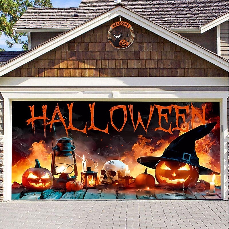 Halloween Door Decorations Halloween Garage Door Cover Pumpkins Jack O Lantern Outdoor Banner Ghost Bats Large Backdrop Decoration for Holiday Out door Decorations Door Home Wall Decorations 17