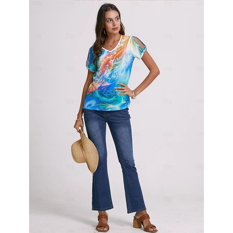 Women's T Shirt Henley Shirt Graphic Basic Neon & Bright Short Sleeve V Neck Regular Tops Daily Weekend Cut Out Buttons Print Blue Purple Green4