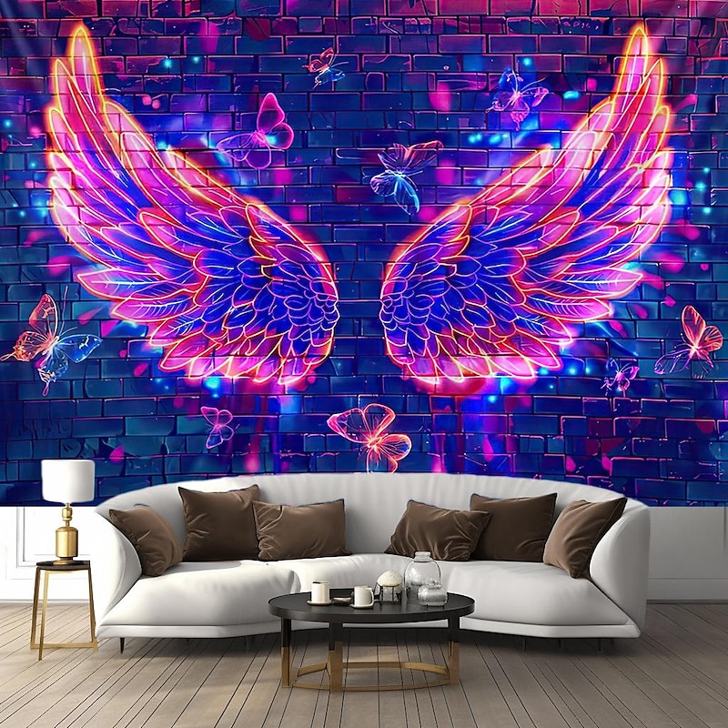 Blacklight Tapestry UV Reactive Glow in the Dark Angel Wing Glow Party Photograph Backdrop Trippy Misty Hanging Tapestry Wall Art Mural for Living Room Bedroom3