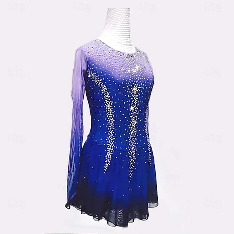 Figure Skating Dress Women's Girls' Ice Skating Dress Black Blue Dark Blue Patchwork Thumbhole Mesh High Elasticity Training Competition Skating Wear Classic Long Sleeve Ice Skating Figure Skating2