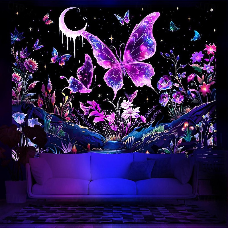 Blacklight Tapestry UV Reactive Glow in the Dark Glow Party Neon Animal Butterflies Psychedelic Trippy Misty Hanging Tapestry Wall Art Mural for Living Room Bedroom