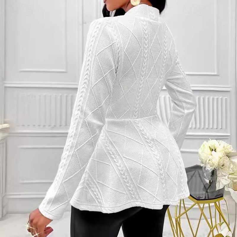 Women's Blazer Office Deep V Ruffle Solid Color Warm Fashion Regular Fit Outerwear Long Sleeve Spring White S2