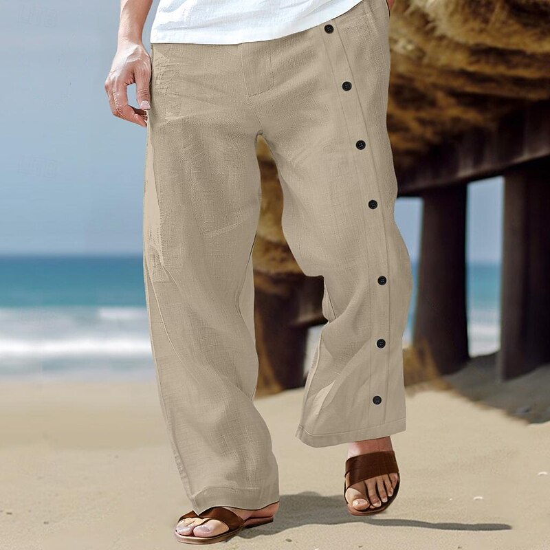 Men's Linen Pants Trousers Summer Pants Straight Leg Split Plain Comfort Breathable Full Length Casual Daily Holiday Fashion Basic Black White Micro-elastic4