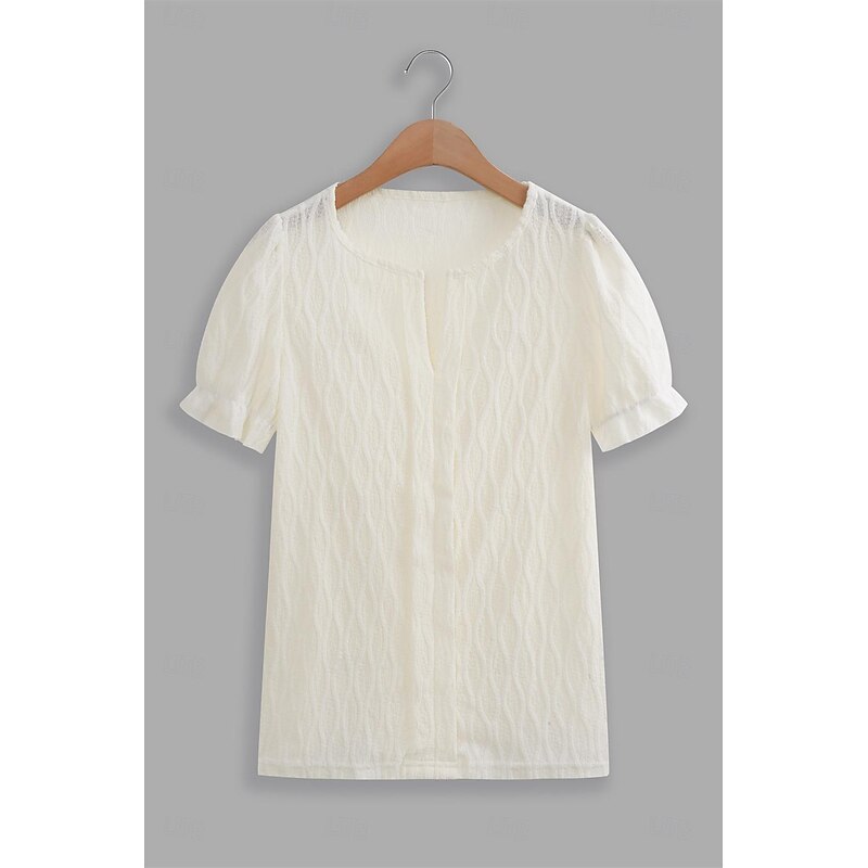 Women's White Elegant Lace Tops Eyelet Blouse Dressy Tops Plain Regular Tops Short Sleeve Puff Sleeve V Neck Lace Regular Fit Vacation Daily Romantic Petite Tops Summer Holiday Wear Blue Purple Khaki3