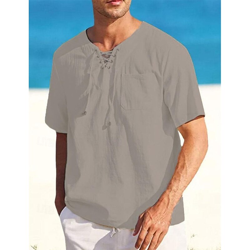 Men's Shirt Linen Shirt Cotton Linen Shirt Summer Shirt Beach Shirt Plain Vacation Casual Black White Pink Blue Short Sleeve V Neck Summer Clothing Apparel Drawstring4