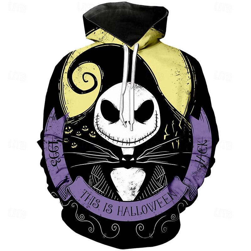 Jack Skellington Hoodie Cartoon Manga Anime 3D Front Pocket Graphic Kangaroo Pocket For Couple's Men's Women's Adults' Halloween Carnival Masquerade 3D Print Casual Daily