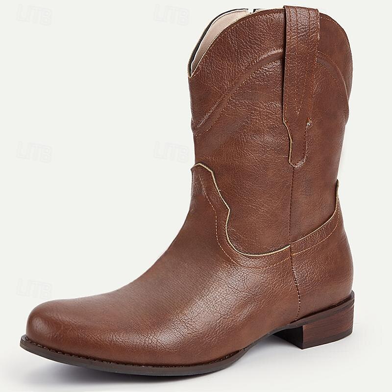 Men's PU Leather Western Cowboy Boots - Classic Brown Mid-Calf Boots for Casual and Formal Wear2