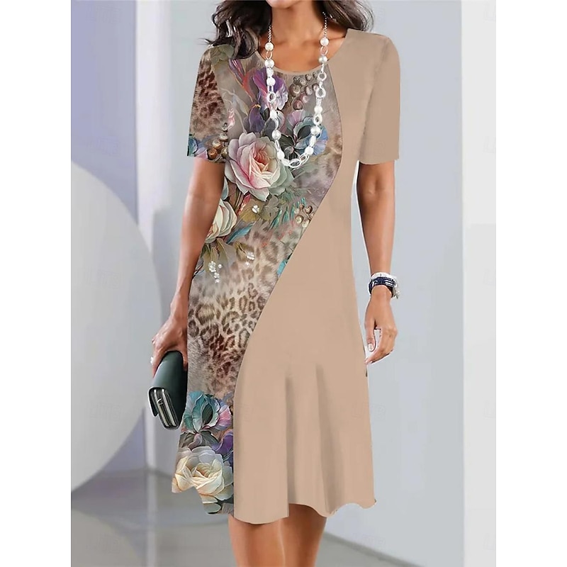 Women's Floral Print Crew Neck Midi Dress Formal Party Vacation Short Sleeve Summer2