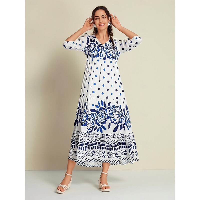 Satin Polka Dot 3/4 Length Sleeve V Neck Maxi Dress4