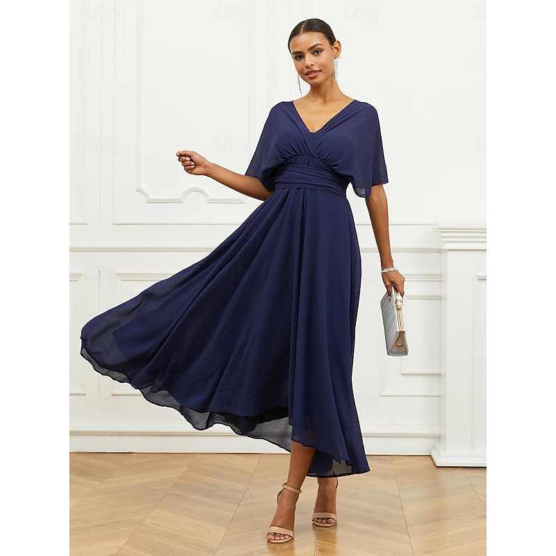 Women's Wedding Guest Cocktail Dress A Line Midi Chiffon Ruched Belted Elegant Formal One Shoulder Sleeveless Dress Navy Blue Color