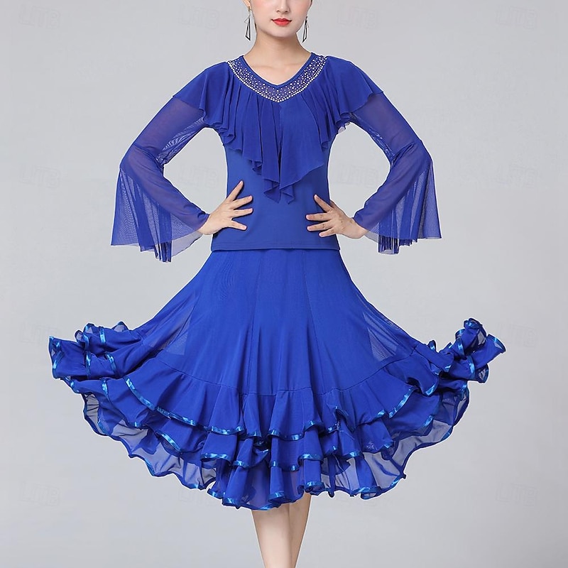 Ballroom Dance Skirts Ruffles Pure Color Splicing Women's Performance Training Long Sleeve High Polyester