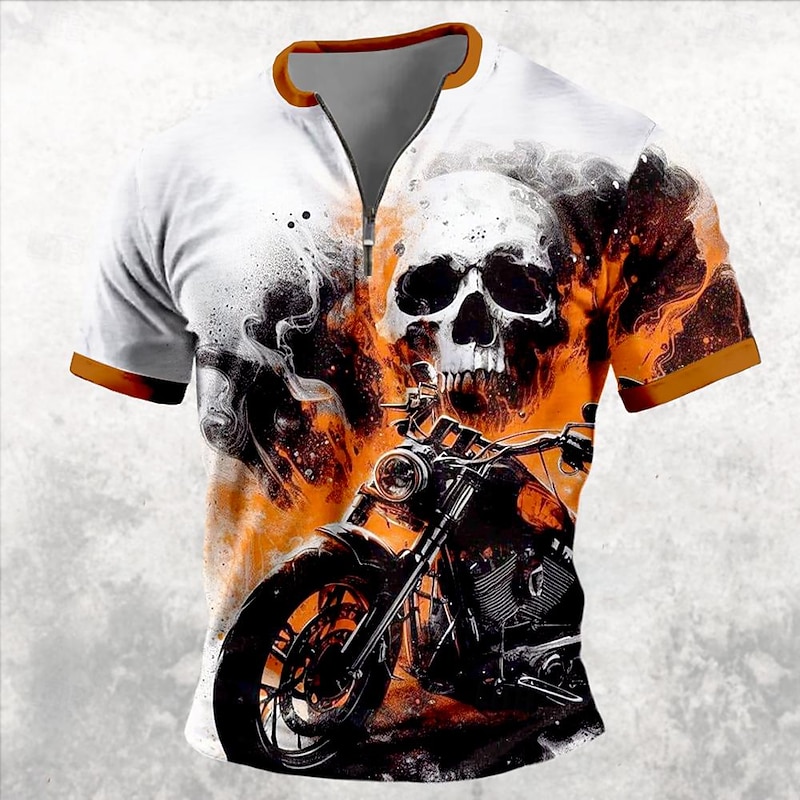 Halloween Men's Skull Flame Motorcycle T Shirt Short Sleeve T shirt 3D Print Half Zip Shirt Retro Vintage Street Casual Daily Black Orange Summer Spring Clothing Apparel S M L XL XXL XXXL