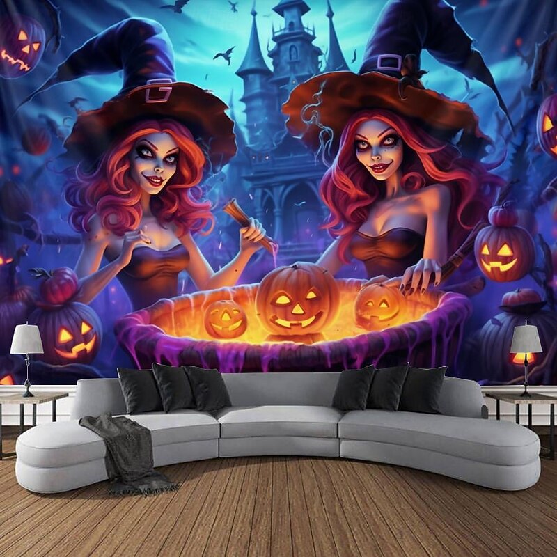 Halloween Decorations Pumpkin Blacklight Tapestry UV Reactive Glow in the Dark Trippy Misty Hanging Tapestry Wall Art Mural for Living Room Bedroom Poison Witch