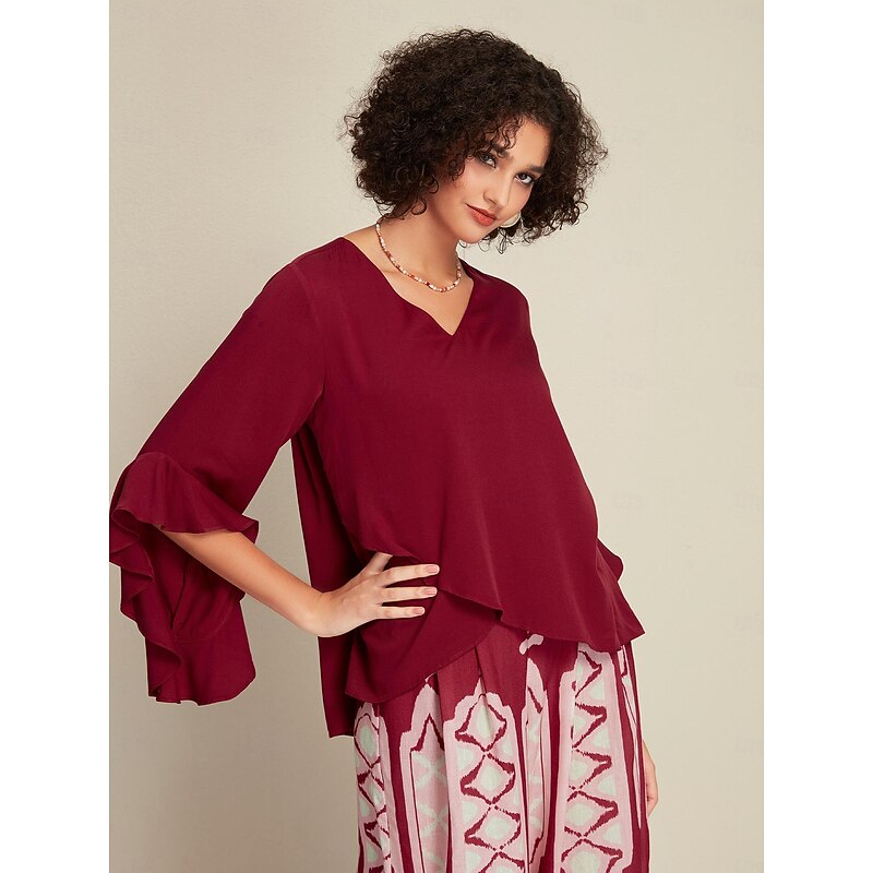 Ruffle Flare Cuff Sleeve Crew Neck Blouse4