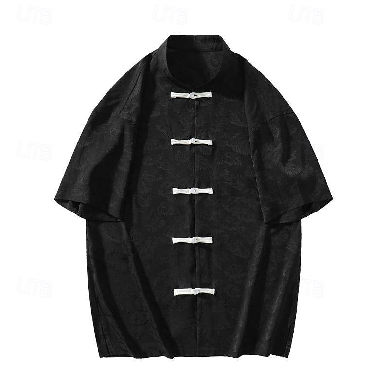 Men's Shirt Chinese Collar Shirt Mandarin Collar Shirt Summer Shirt Casual Shirt Beach Shirt Black White Short Sleeve Plain Mandarin Collar Vacation Holiday Embroidered Clothing Apparel Polyester