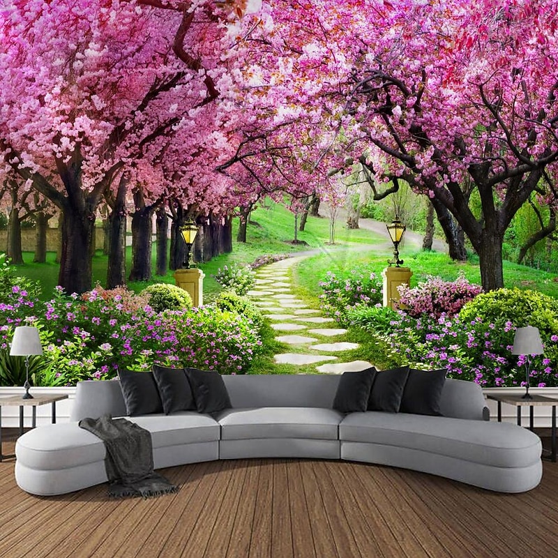 Valentine's Day Wall Tapestry Art Decor Blanket Curtain Picnic Tablecloth Hanging Home Bedroom Living Room Dorm Decoration Nature Landscape Garden Tree Flower Blossom Pathway