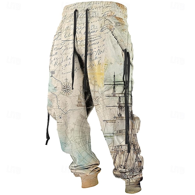 Men's Sailboat Sweatpants Joggers Pants Trousers Mid Waist Drawstring Elastic Waist Vintage Casual Outdoor Street Dailywear Pocket Spring Fall Winter 3D Print khaki