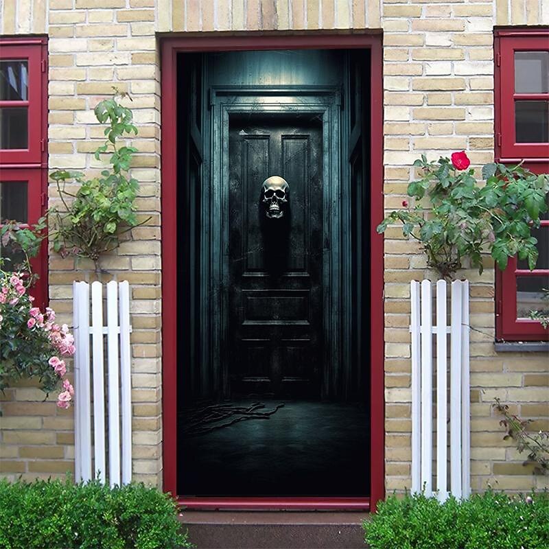 Halloween Door Decorations Skull Halloween Door Covers Door Tapestry Door Curtain Decoration Backdrop Door Banner for Front Door Farmhouse Holiday Party Decor Supplies Skeleton4